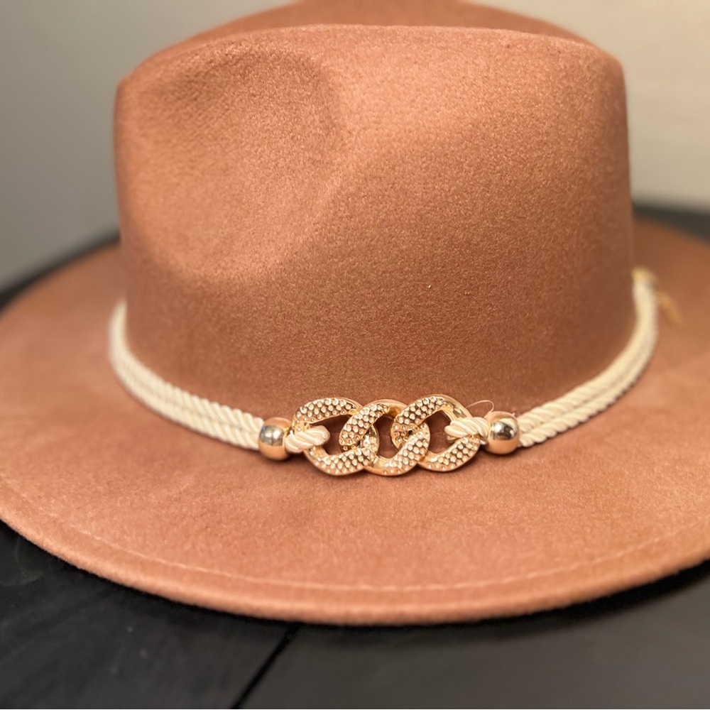 Elegant Tan Wool Hat with Gold Chain Accent